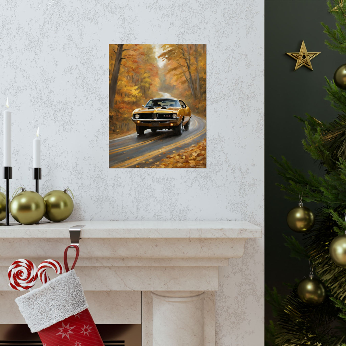 Retro automotive print AJ68 collection featuring a vintage car on an autumn road near a cozy fireplace