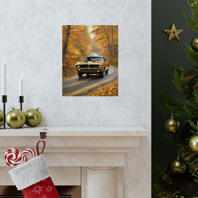 Retro automotive print AJ68 collection featuring a vintage car on an autumn road near a cozy fireplace