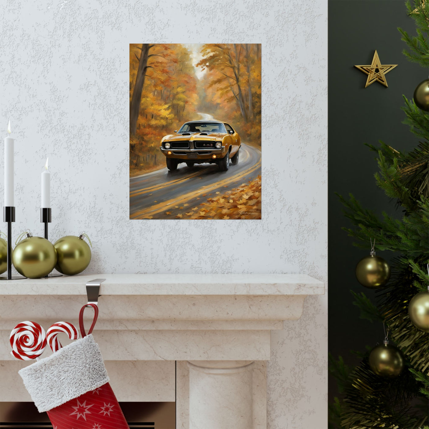 Retro automotive print AJ68 collection featuring a classic yellow car on a tree-lined autumn road