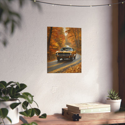 Retro automotive print AJ68 collection featuring a classic car on an autumn road