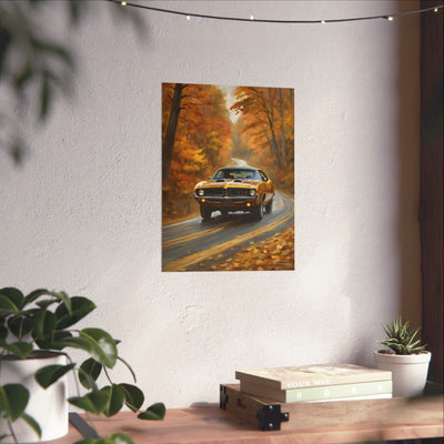 Retro automotive print AJ68 collection showcasing a classic car on an autumn road