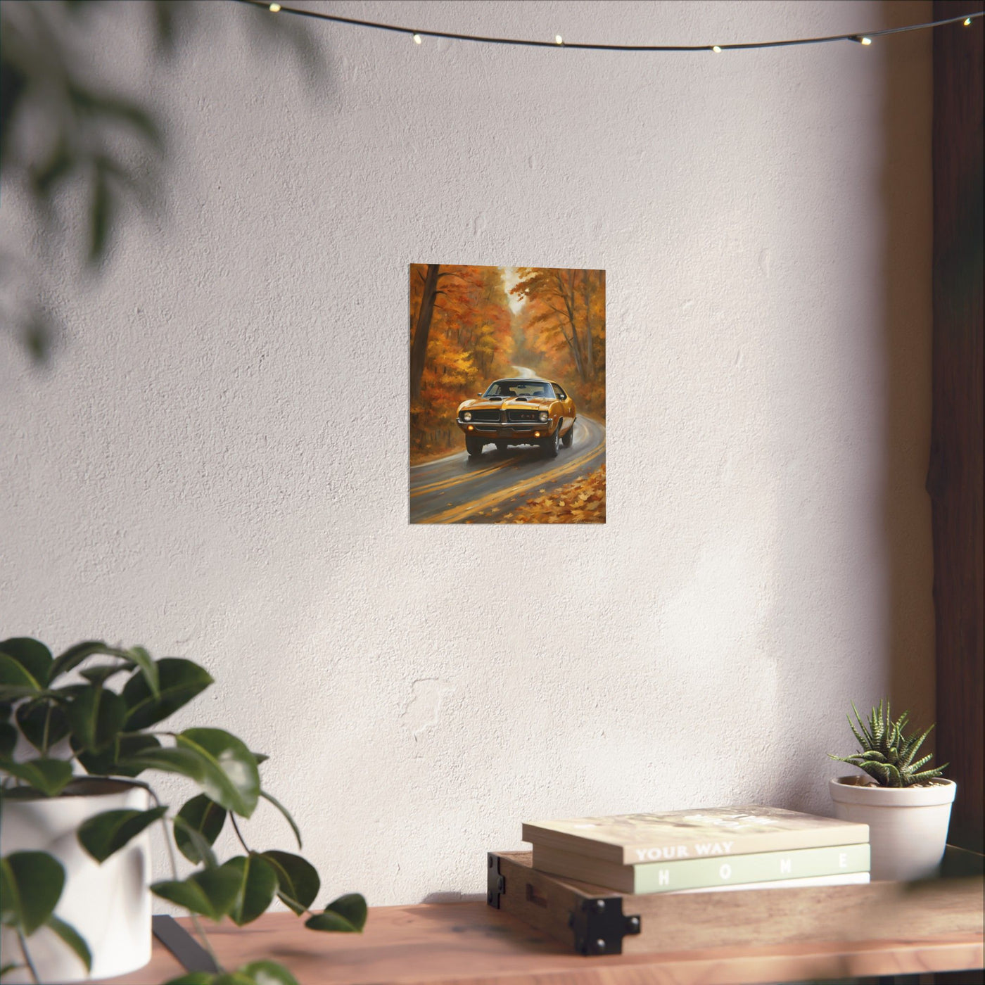 Retro automotive print AJ68 collection featuring a classic car on a scenic autumn road