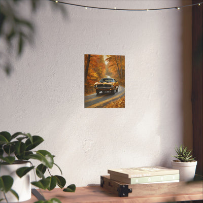 Retro automotive print AJ68 collection featuring a classic car on a scenic autumn road