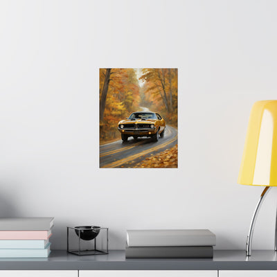 Retro automotive print AJ68 collection featuring a classic car driving through autumn foliage