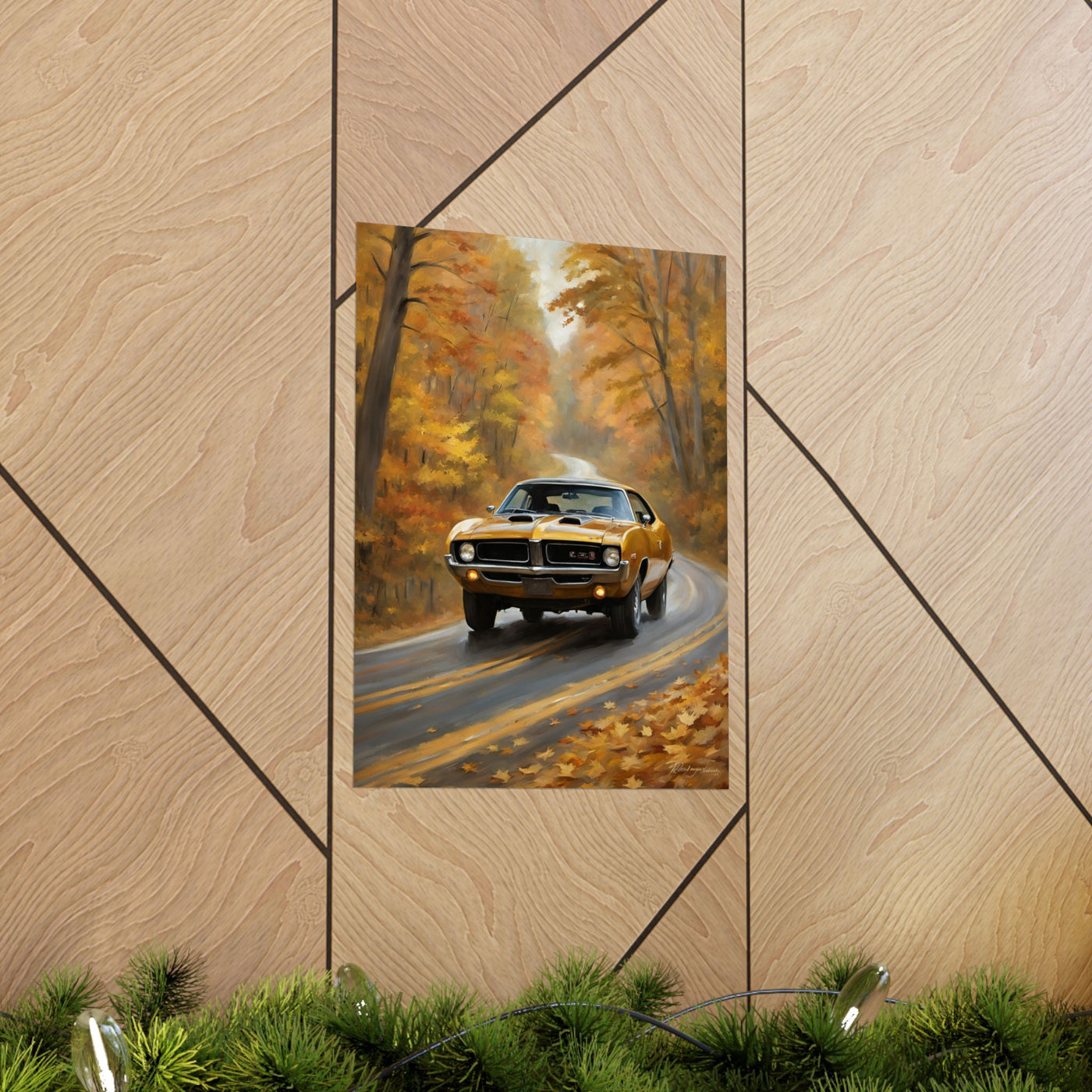 Retro automotive print AJ68 collection featuring a classic car driving through a fall landscape