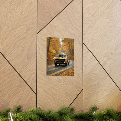Retro automotive print AJ68 collection featuring a retro car on a scenic autumn road