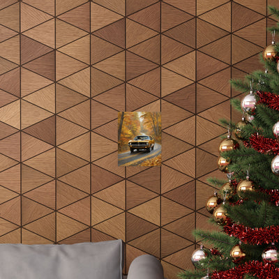 Retro automotive print AJ68 collection displayed on a stylish wooden wall with Christmas tree decor