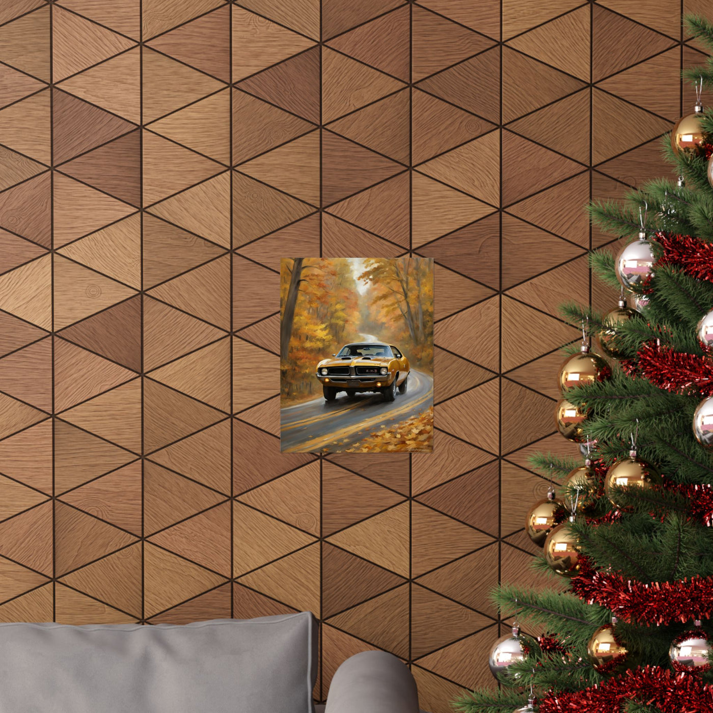 Retro automotive print AJ68 collection featuring a classic car on a scenic road, perfect for wall decor