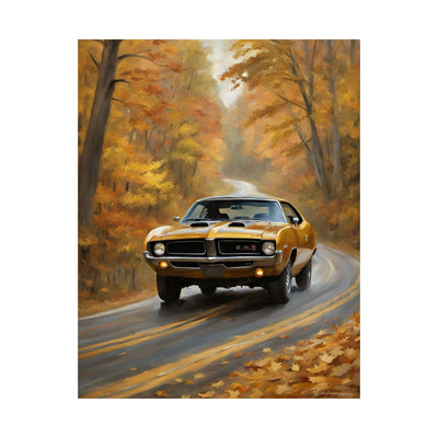 Retro automotive print AJ68 collection featuring a vintage yellow car on a scenic autumn road
