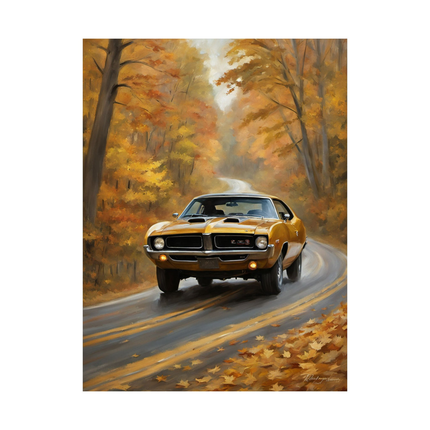 Retro automotive print AJ68 collection featuring a classic yellow car on a scenic autumn road