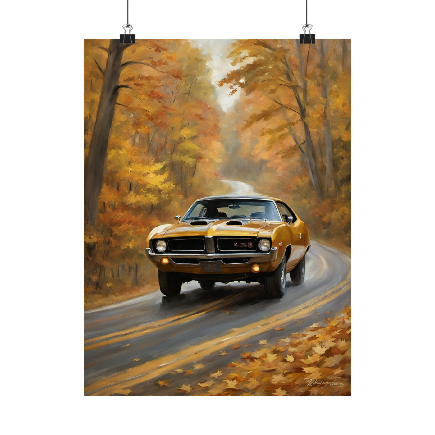 Retro automotive print AJ68 collection featuring a classic yellow car on a winding autumn road