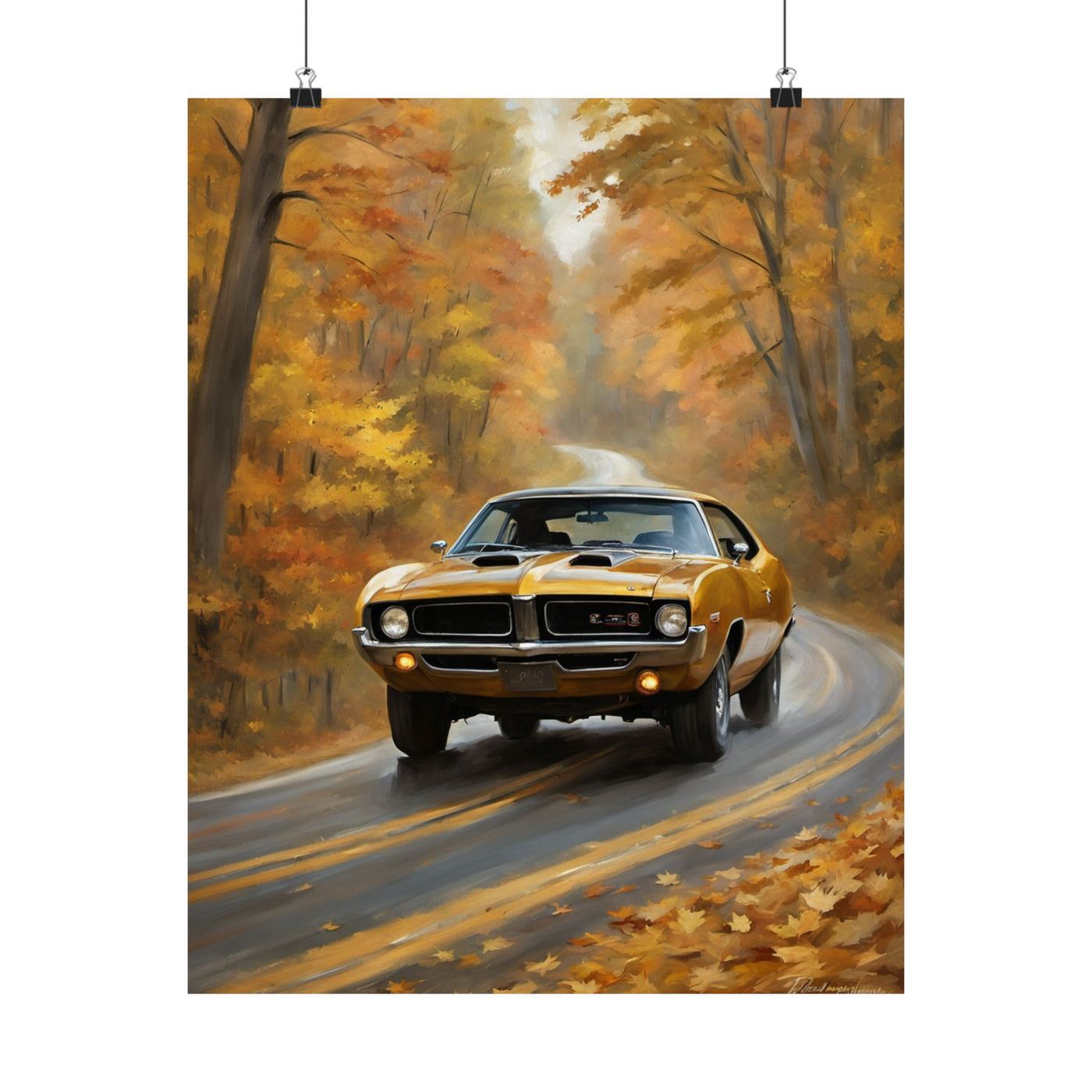 Retro automotive print AJ68 collection featuring a classic car driving on a winding road through autumn foliage