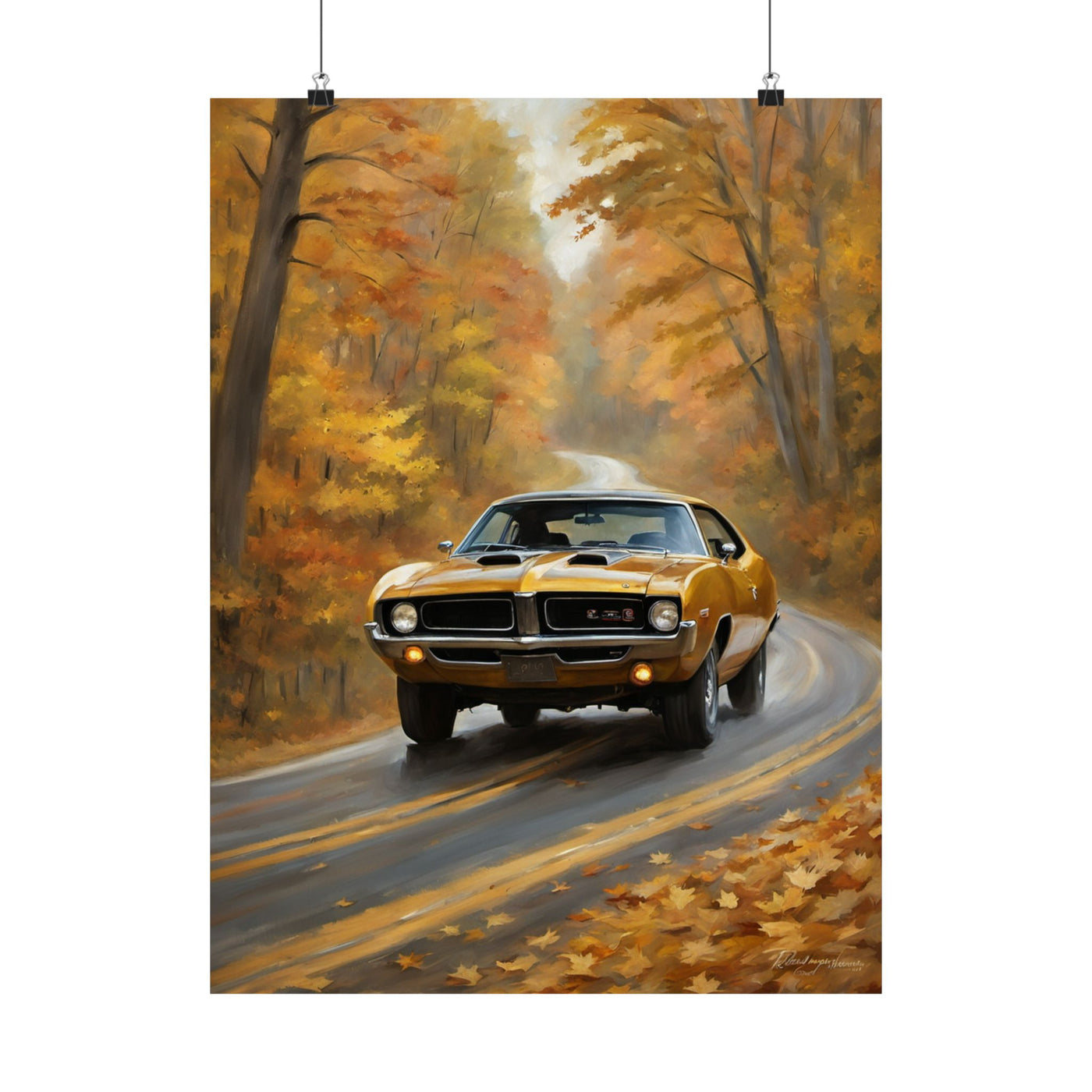 Retro automotive print AJ68 collection featuring a nostalgic yellow car on a scenic autumn road