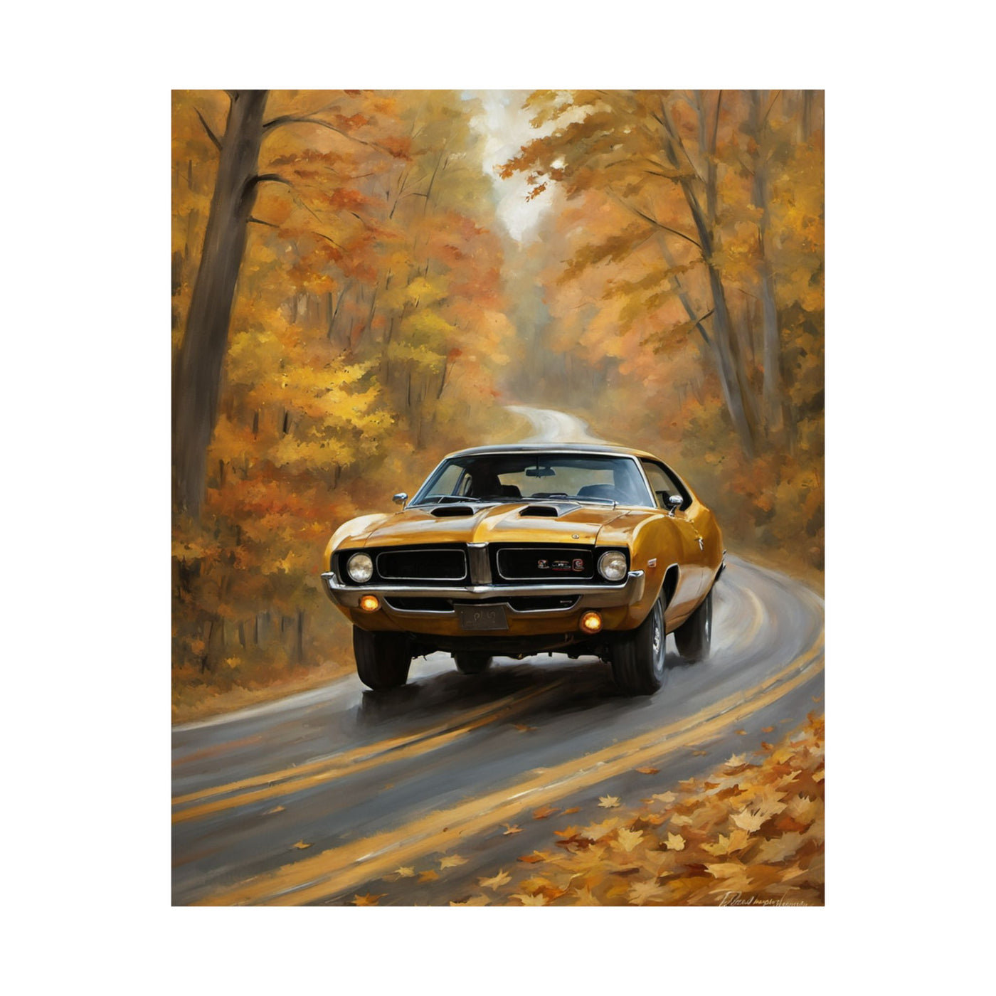 Retro automotive print AJ68 collection featuring a classic yellow car driving through autumn leaves