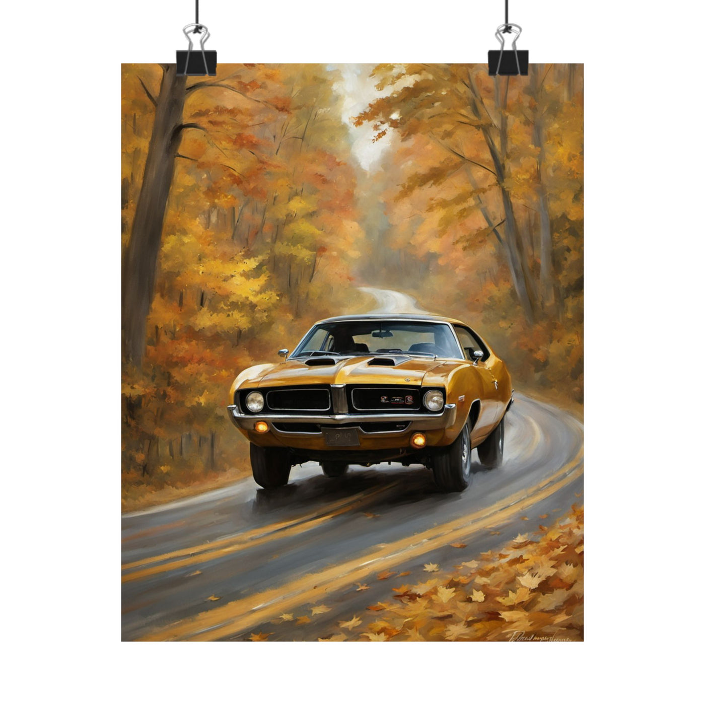Retro automotive print AJ68 collection featuring a vintage car on a scenic autumn road