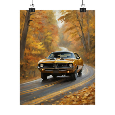 Retro automotive print AJ68 collection featuring a vintage car on a scenic autumn road