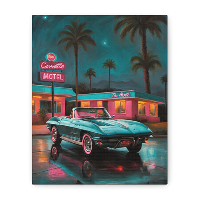 Retro Car Art Canvas Print featuring a vintage Corvette at a neon-lit motel under a starry sky
