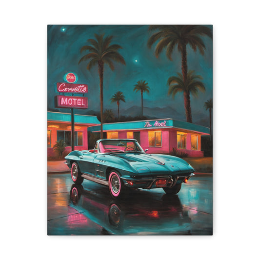 Retro Car Art Canvas Print featuring a classic car in a vibrant night scene with palm trees