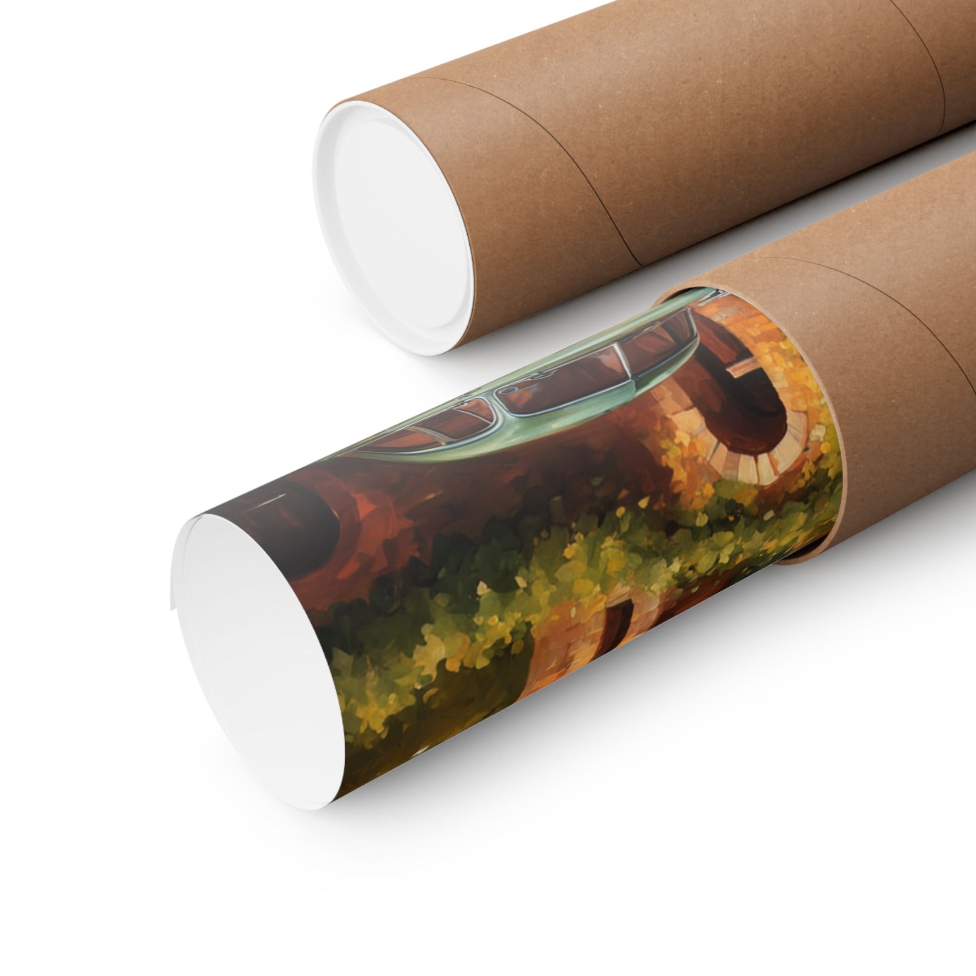 Retro Car Art Poster rolled in a kraft paper tube for easy storage and shipping