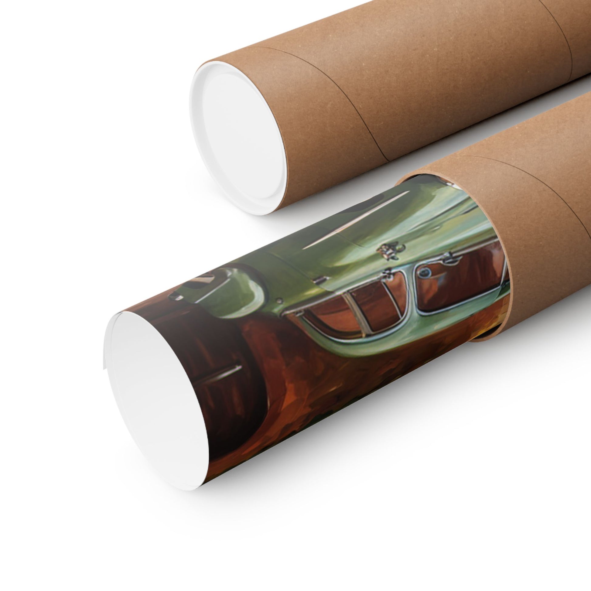 Retro Car Art Poster rolled inside a protective shipping tube for artwork lovers