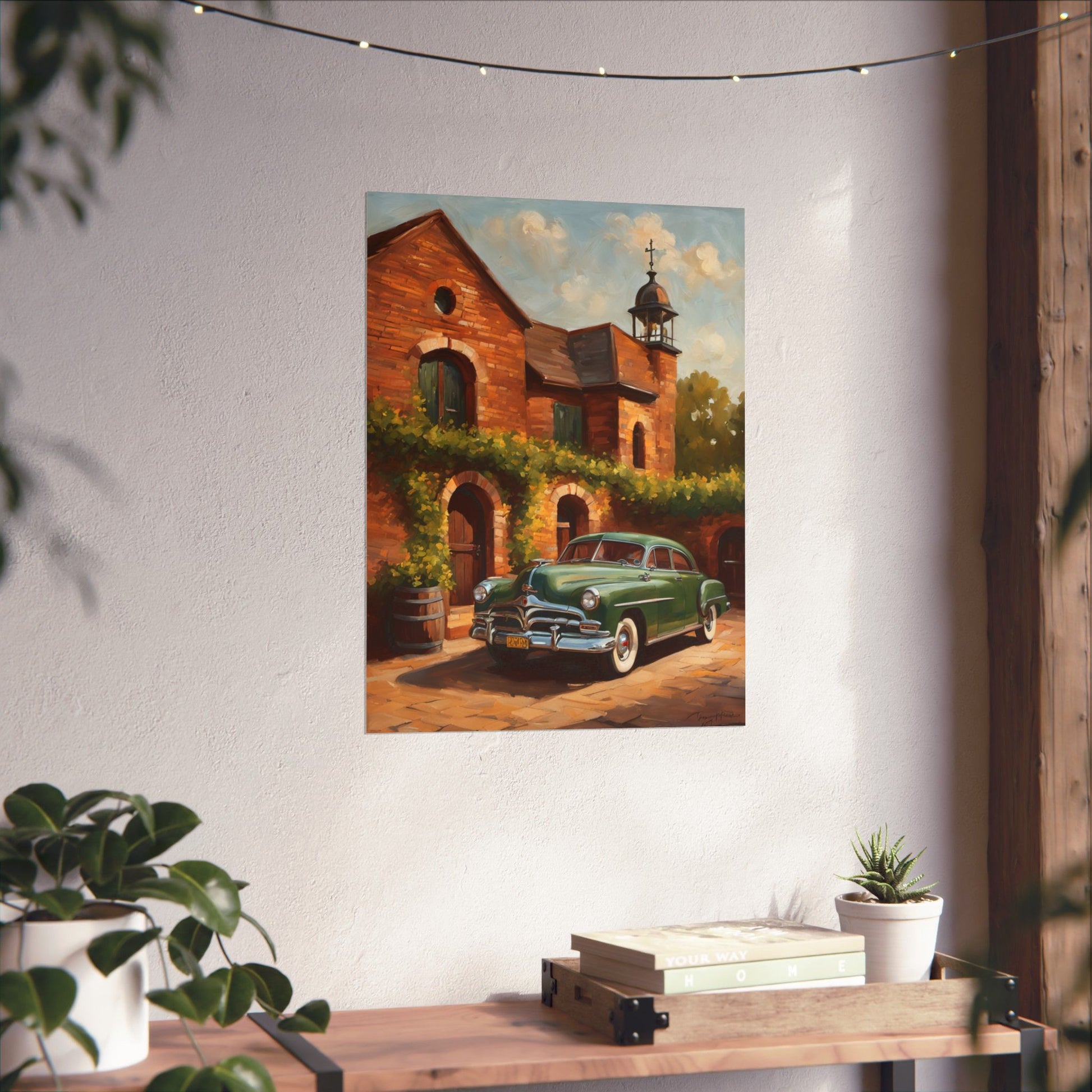 Retro Car Art Poster featuring a classic car in front of a rustic building surrounded by greenery