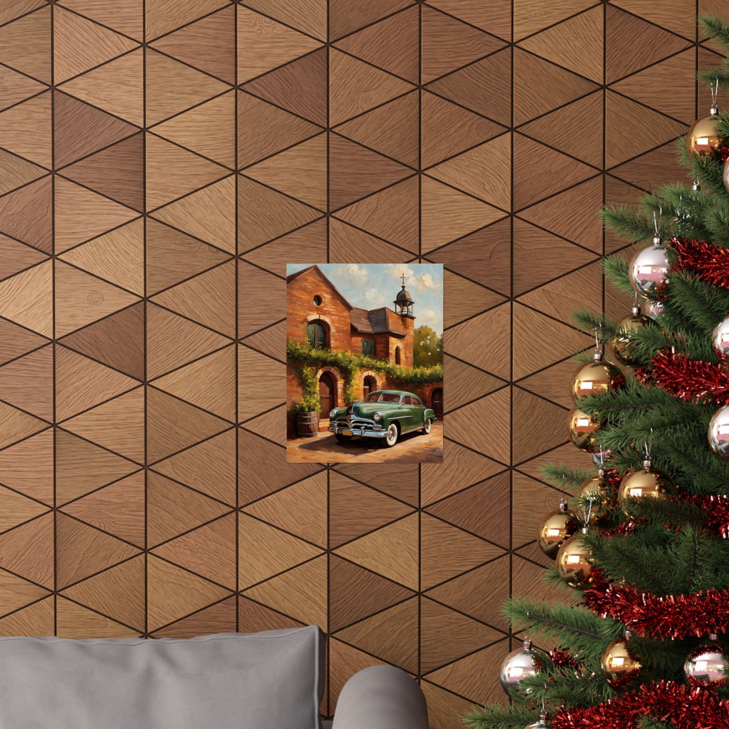 Retro Car Art Poster displayed on a textured wooden wall with a Christmas tree in the foreground