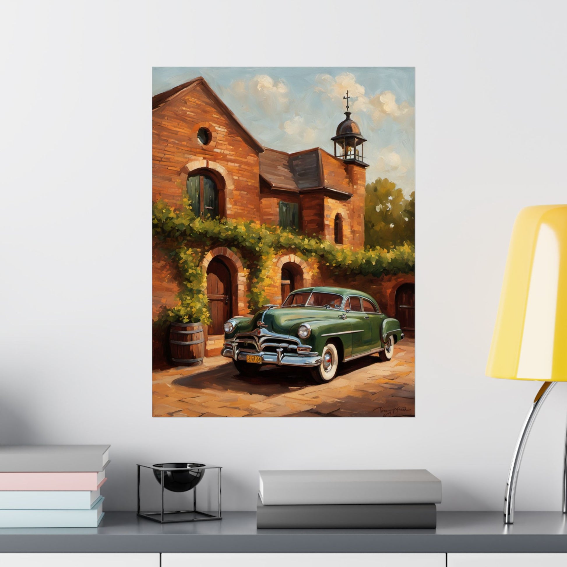 Retro Car Art Poster featuring a classic green car in front of a charming brick house