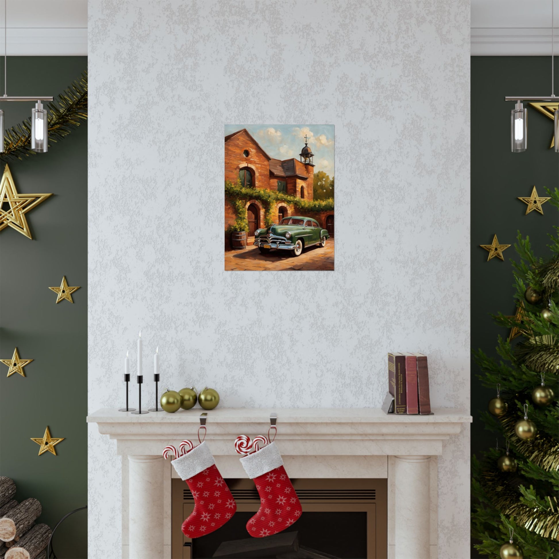 Retro Car Art Poster displayed on a wall above a mantel in a cozy holiday setting