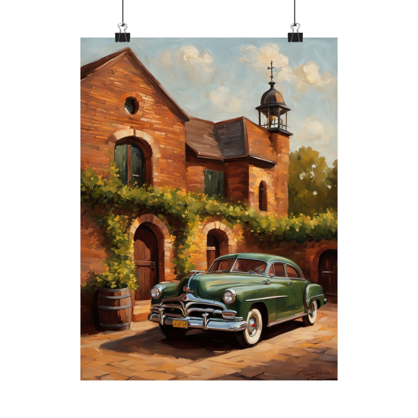 Retro Car Art Poster featuring a classic green car near a rustic brick building with a vibrant landscape