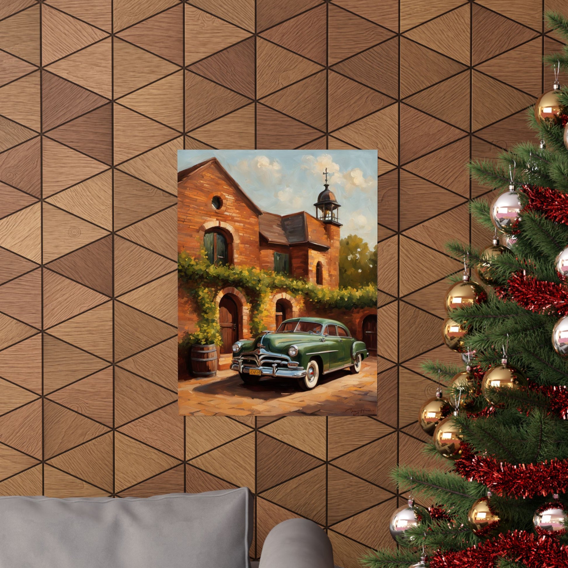 Retro Car Art Poster featuring a classic green car in a rustic setting with wooden textures