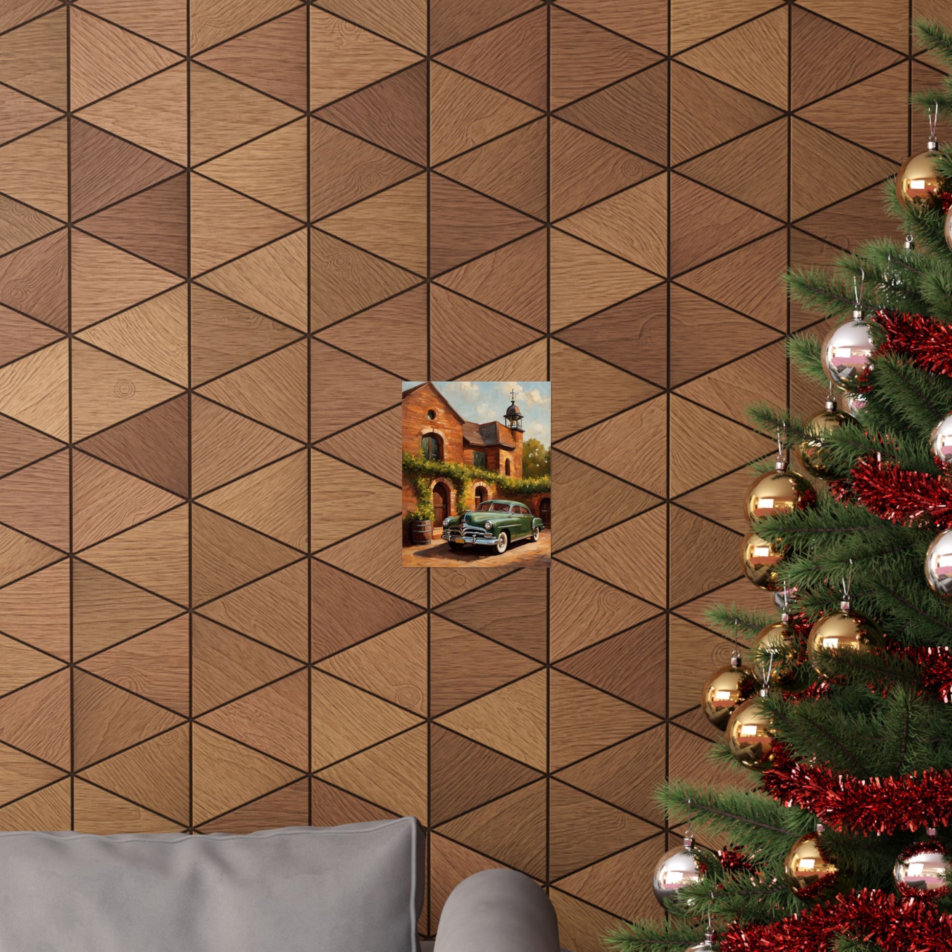Retro Car Art Poster displayed on a geometric patterned wall with a Christmas tree in the foreground