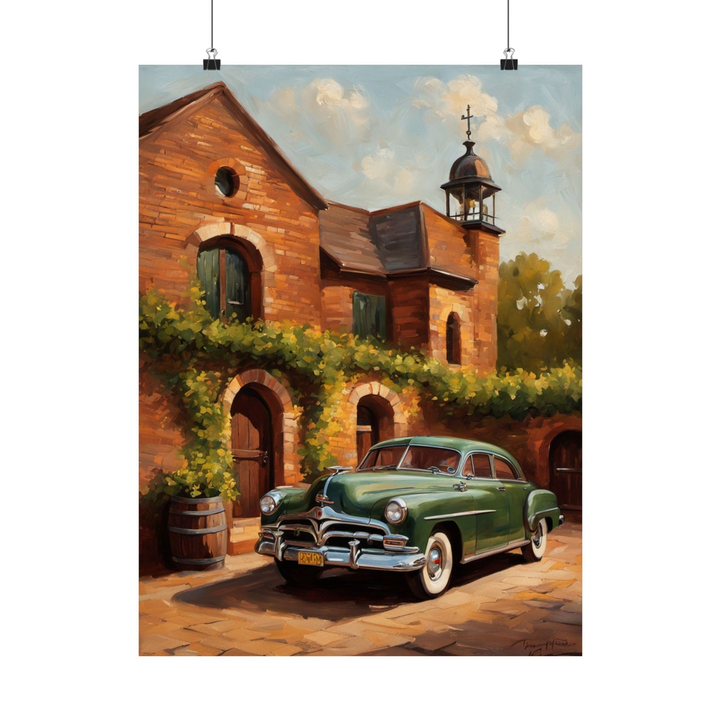 Vintage Retro Car Art Poster featuring a classic green car parked near a stone building
