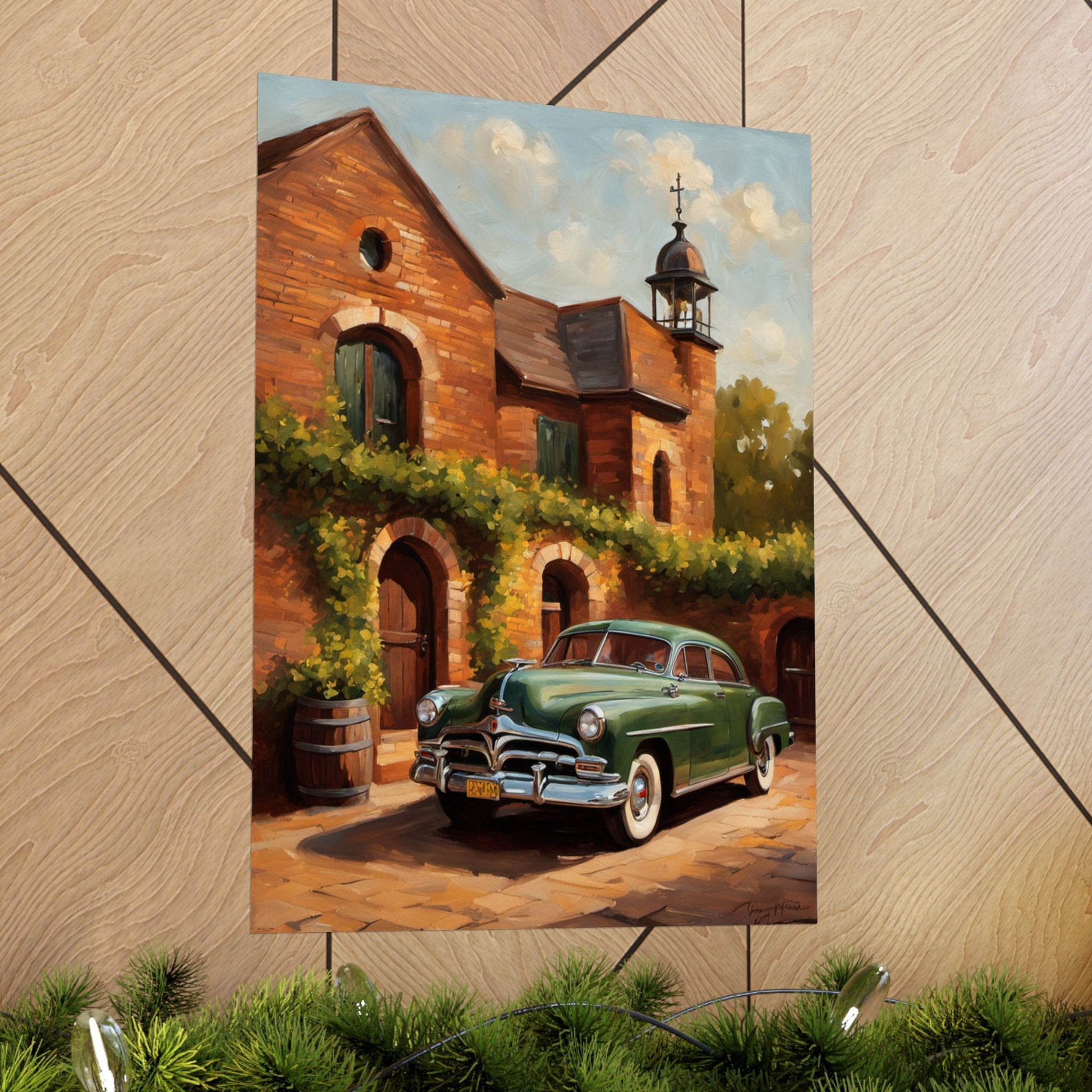 Vintage Retro Car Art Poster featuring a classic green car in a charming European setting