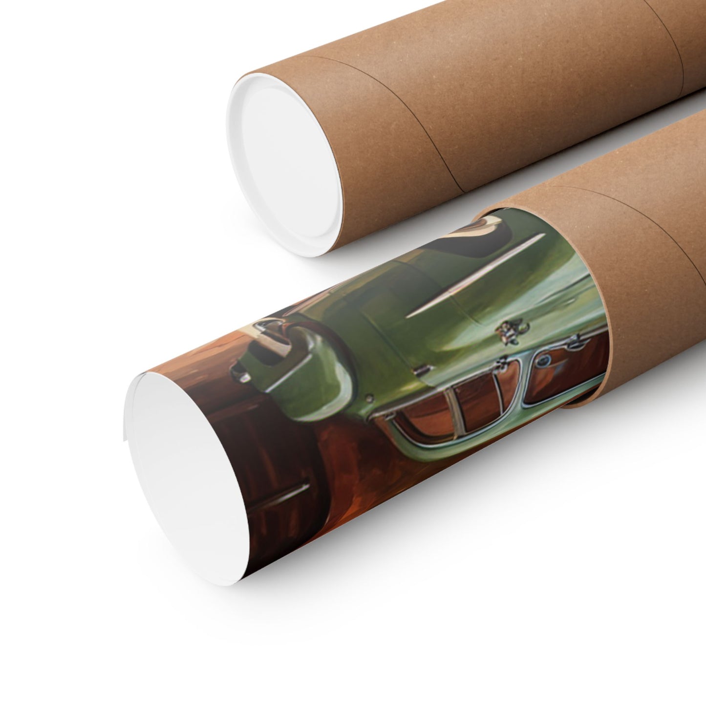 Retro Car Art Poster rolled in a protective tube showcasing classic automotive design