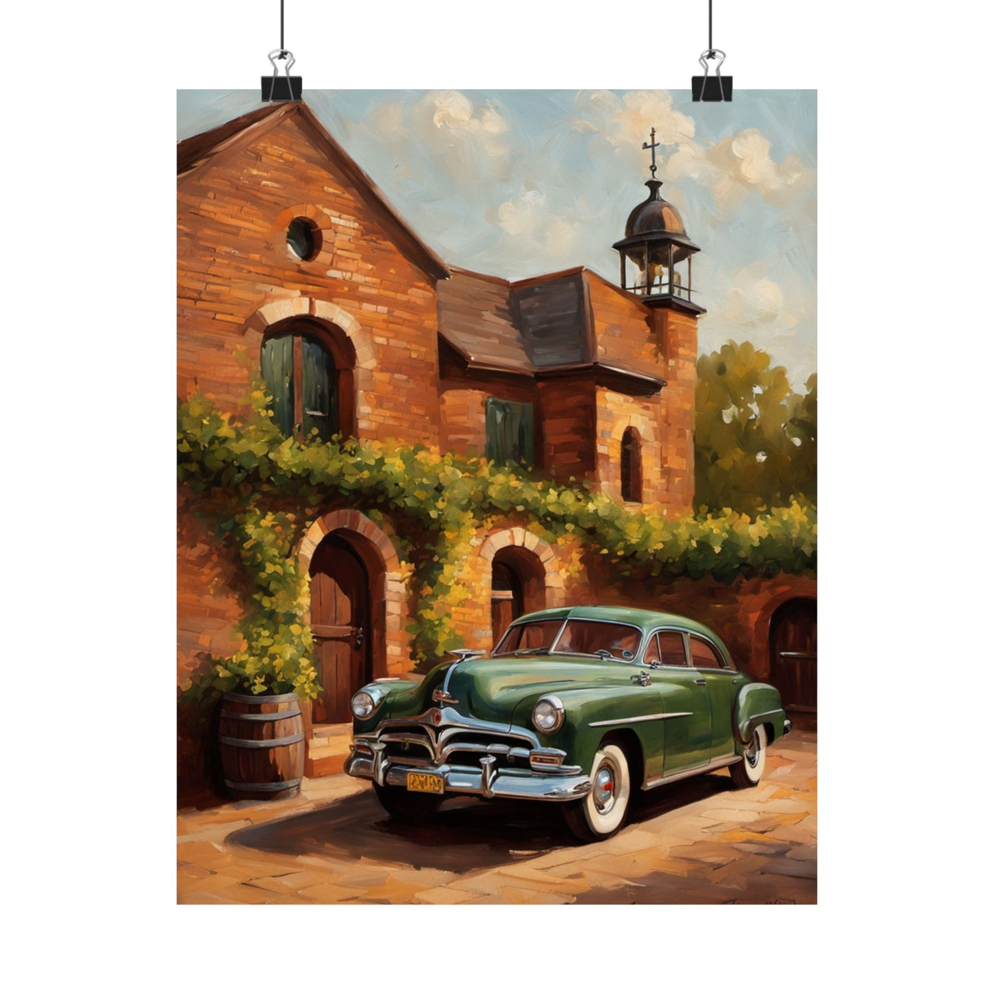 Retro Car Art Poster featuring a classic green car parked near a vintage stone building