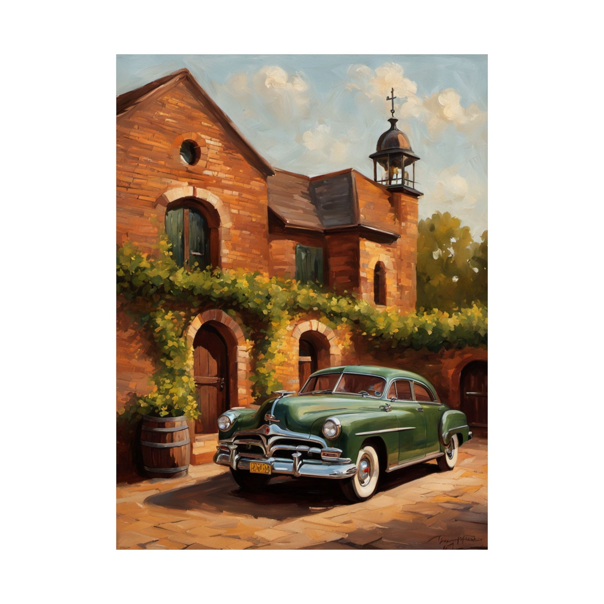 Retro Car Art Poster featuring a classic green car in front of a historic brick building