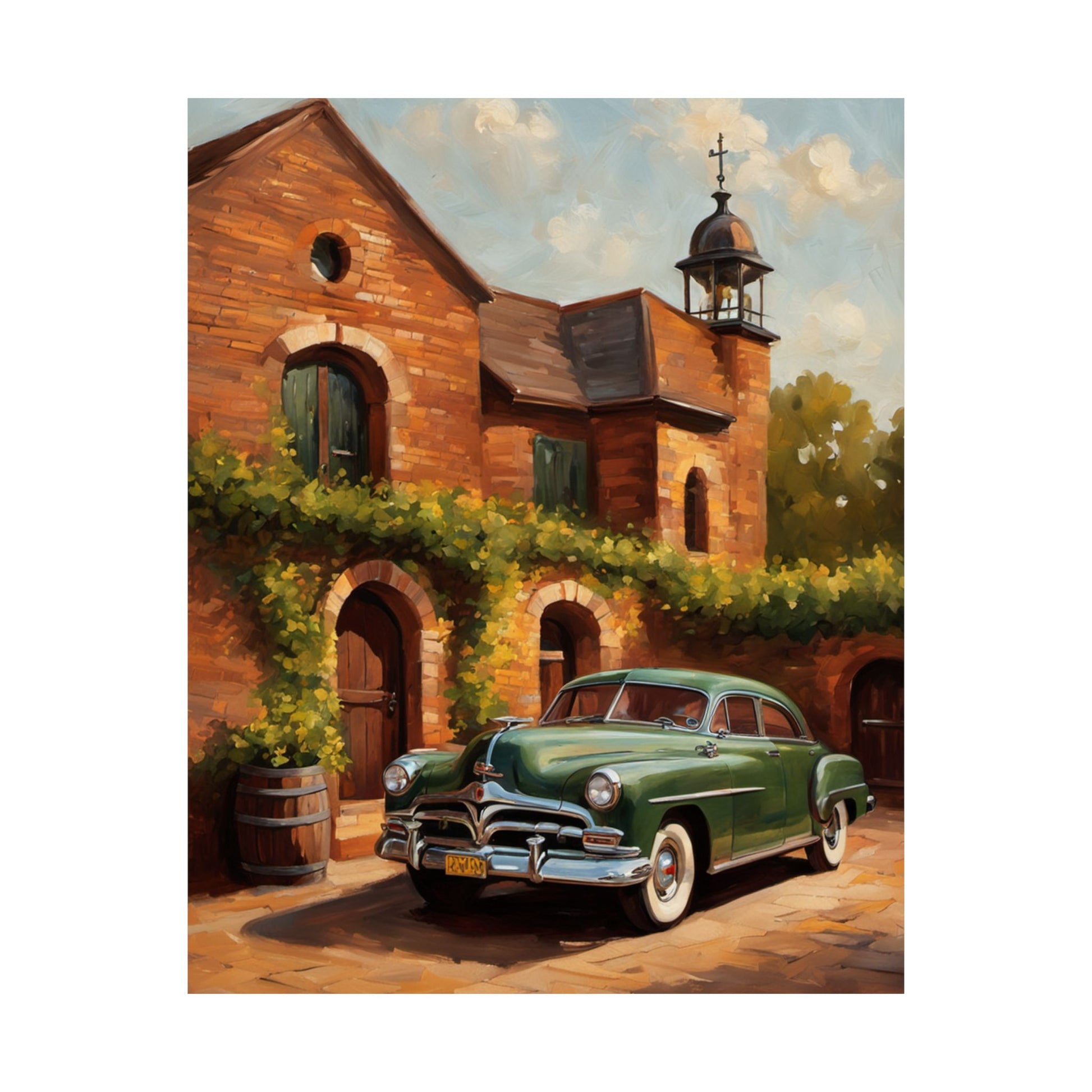 Vintage Retro Car Art Poster featuring a classic green car parked in front of a rustic building