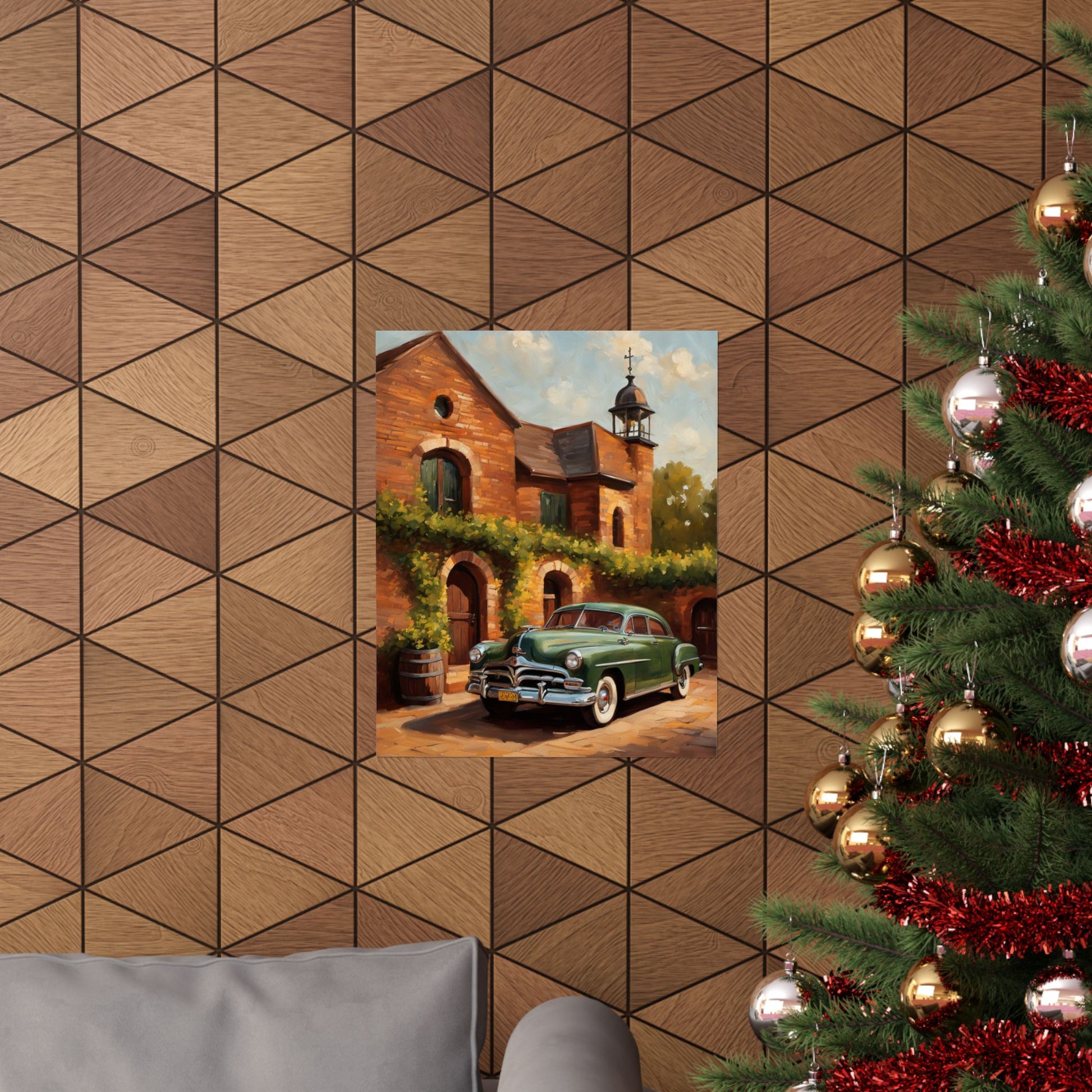 Retro Car Art Poster featuring a classic green car against a rustic building backdrop