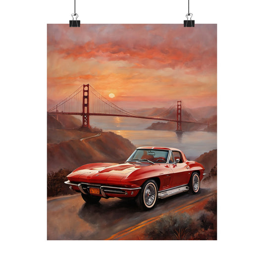 Retro Car Art Print featuring a classic red Corvette against the Golden Gate Bridge at sunset