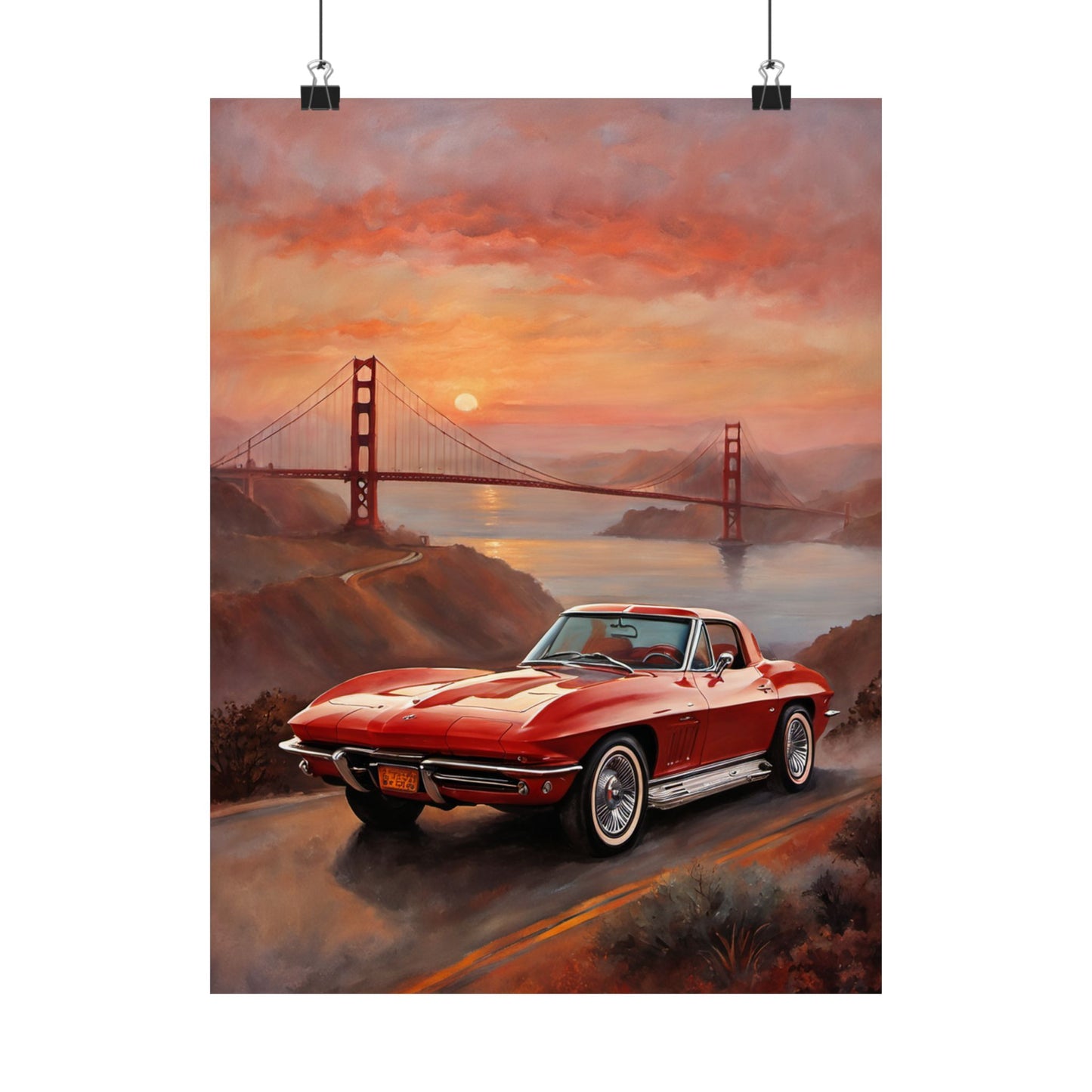Retro Car Art Print featuring a classic red Corvette near the Golden Gate Bridge at sunset