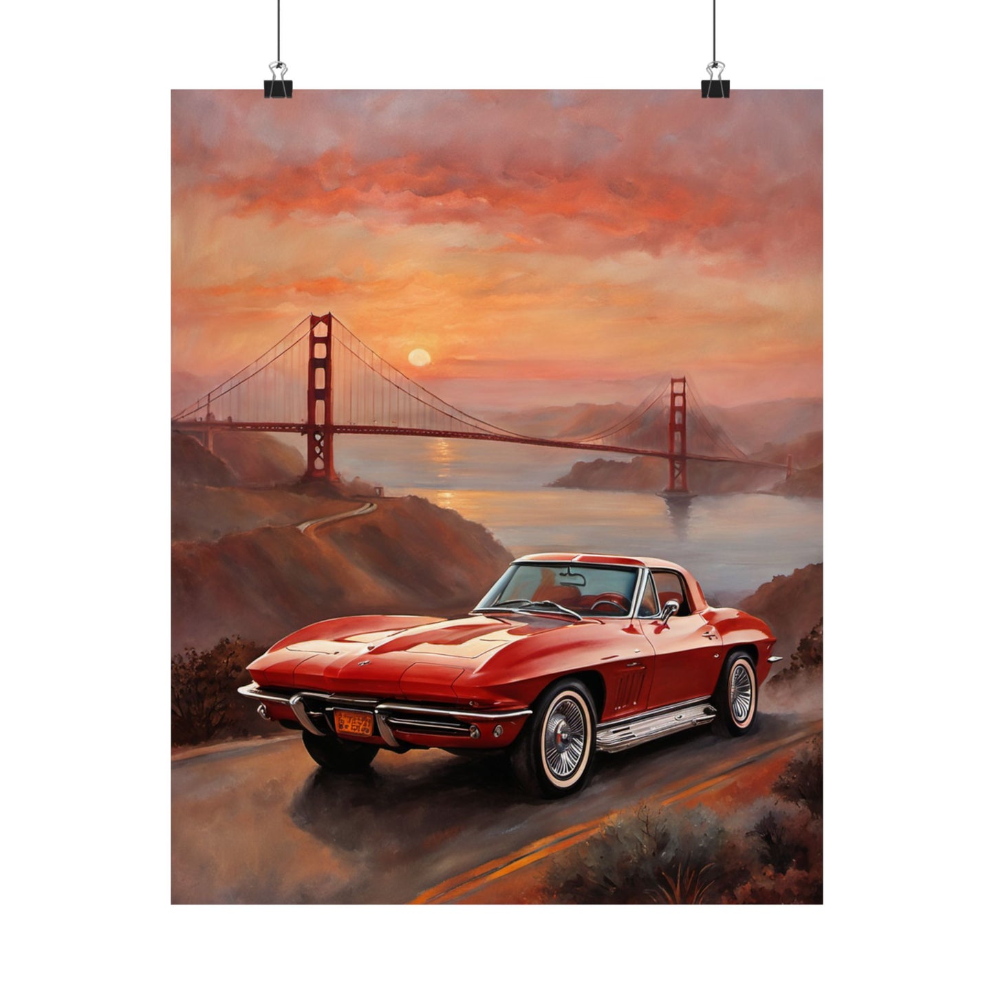 Retro Car Art Print featuring a red classic car by the Golden Gate Bridge at sunset