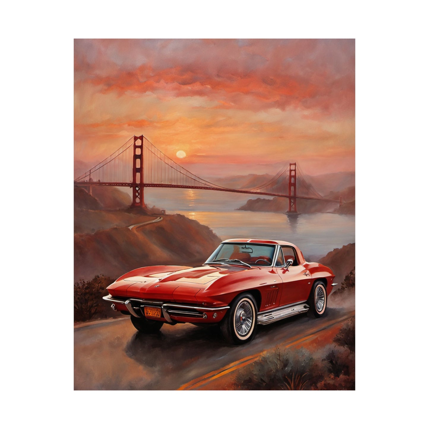 Retro Car Art Print featuring a red classic car with the Golden Gate Bridge at sunset