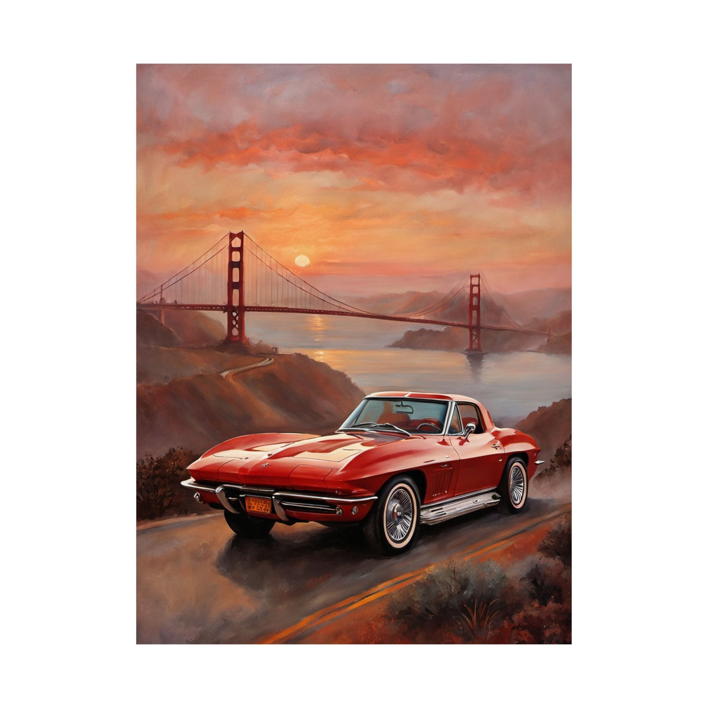 Retro Car Art Print featuring a red nostalgic car with the Golden Gate Bridge at sunset