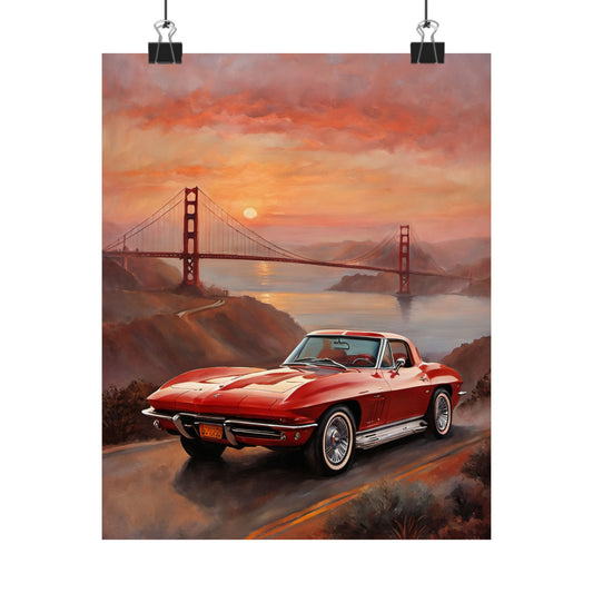 Retro Car Art Print featuring a classic red Corvette with the Golden Gate Bridge backdrop at sunset