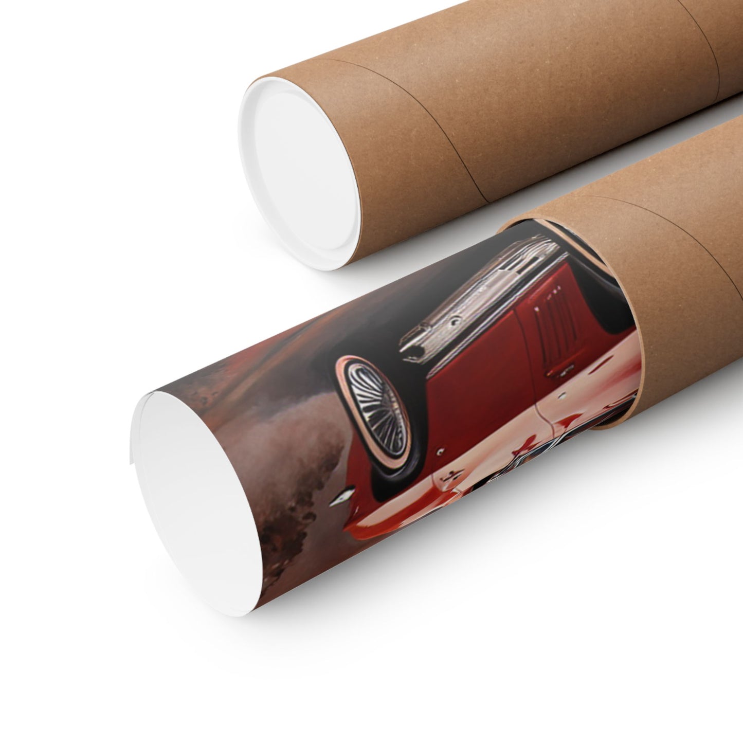 Retro Car Art Print rolled in a protective tube for easy storage and transportation