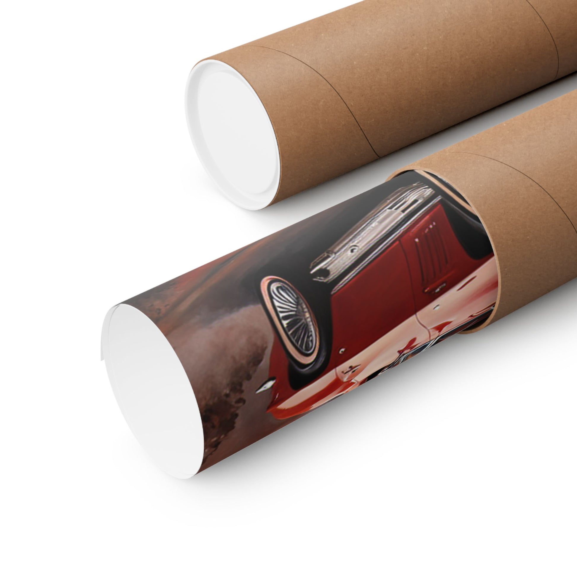 Retro Car Art Print rolled in a protective tube for easy storage and transportation