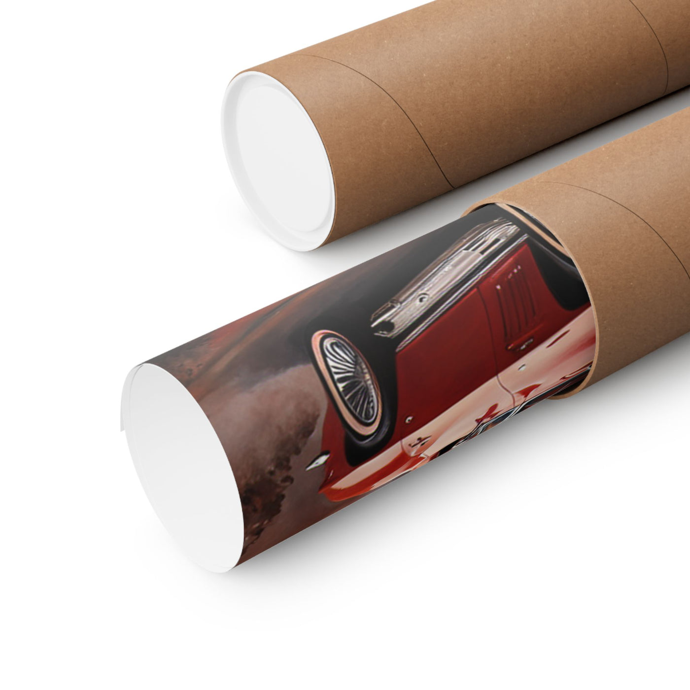 Retro Car Art Print rolled in a protective tube for easy storage and transportation