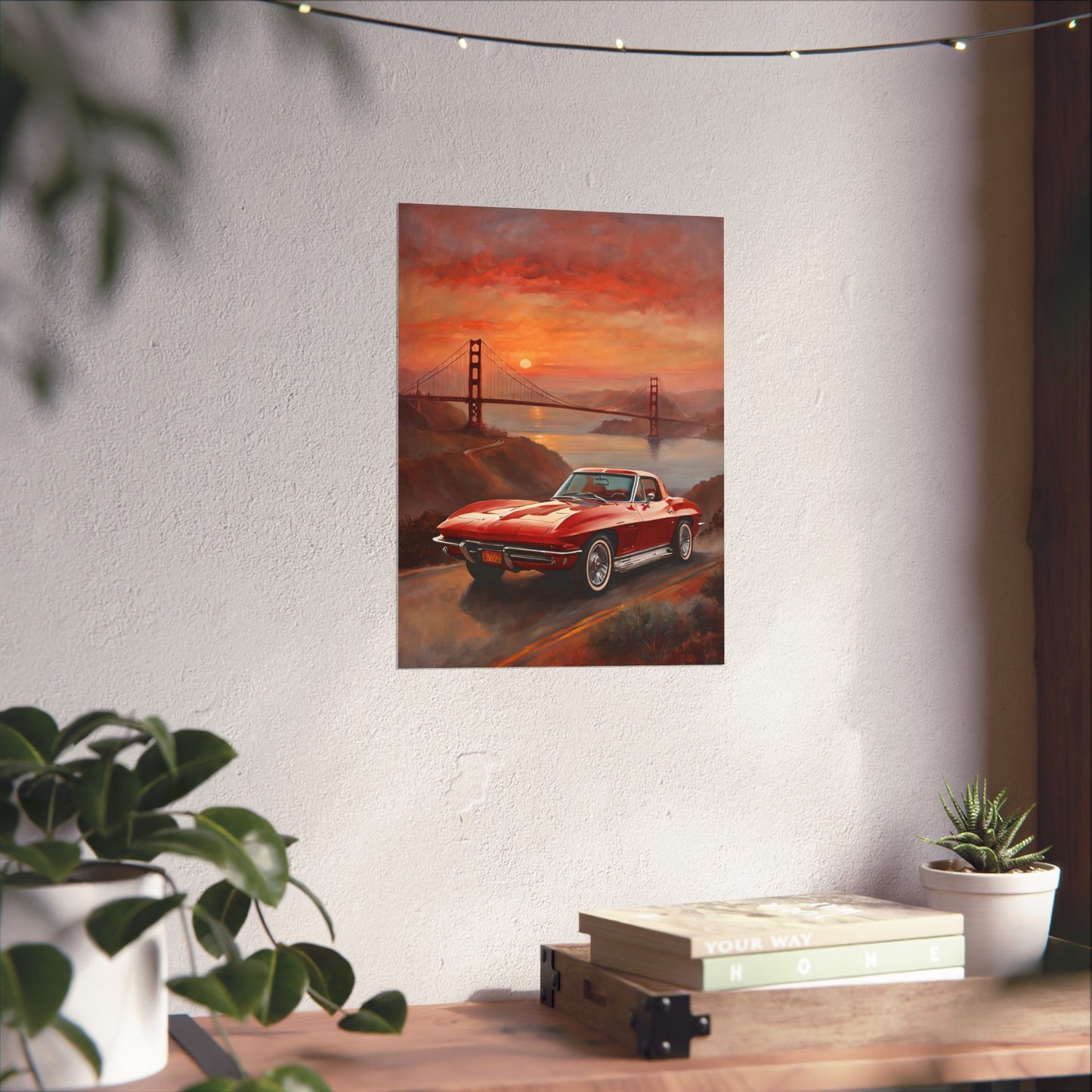 Retro Car Art Print featuring a red classic car near the Golden Gate Bridge at sunset