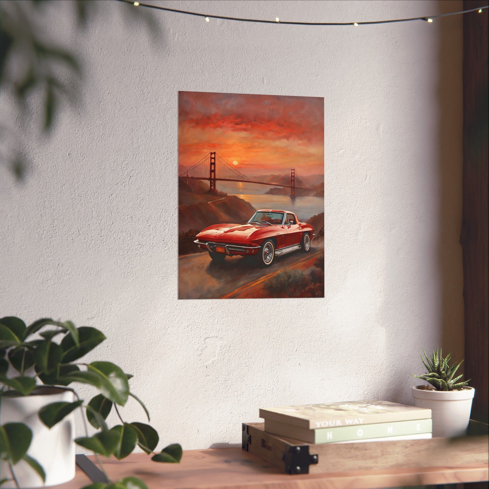 Retro Car Art Print featuring a red classic car near the Golden Gate Bridge at sunset