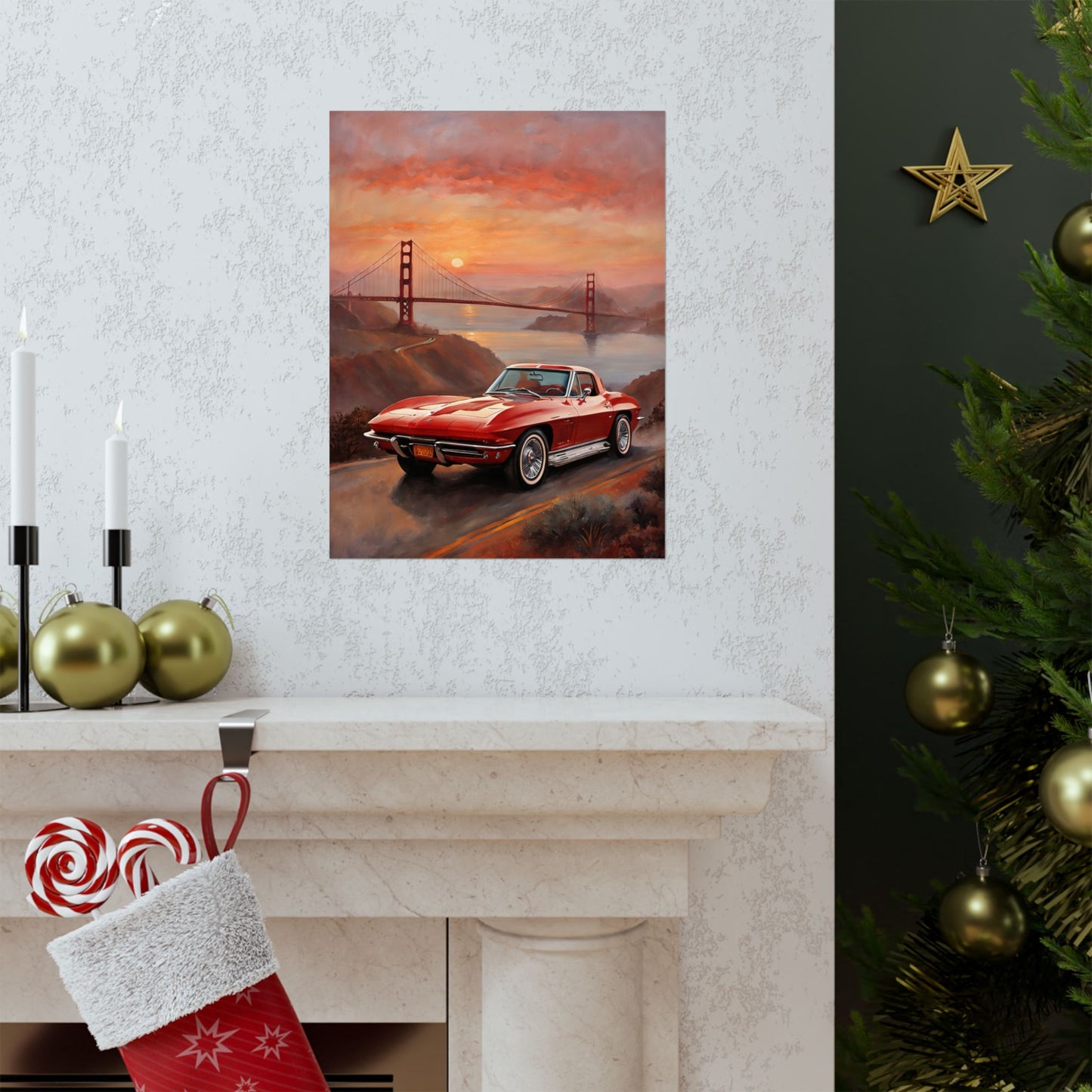 Vintage Retro Car Art Print featuring a classic car near the Golden Gate Bridge at sunset